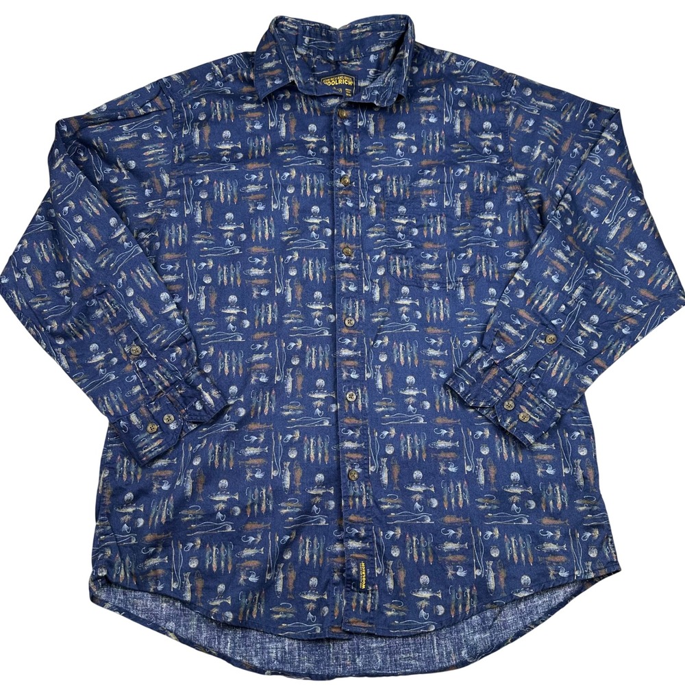 Woolrich Mens Navy Blue Cotton Fishing Trout Print Button Down Shirt Large